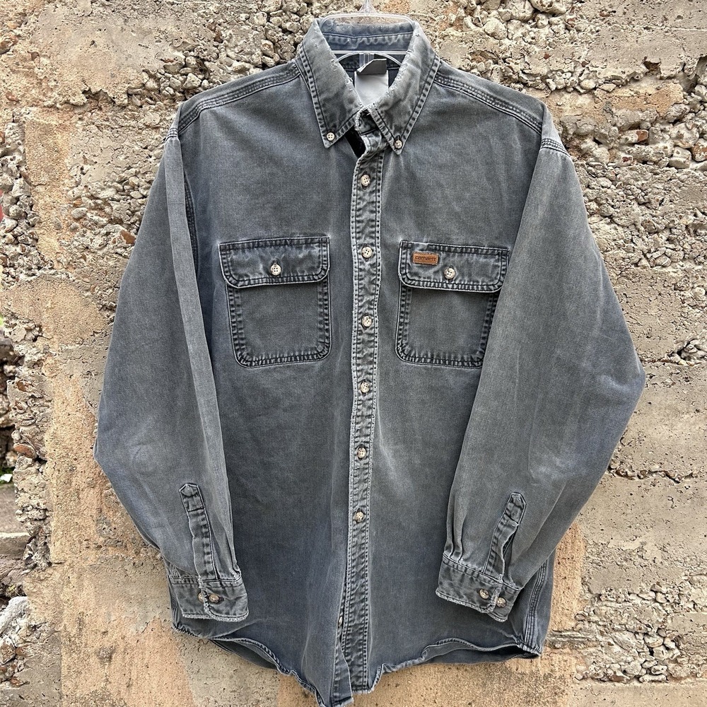 Vintage‎ Carhartt Heavyweight Work Button Up Shirt Gray L/XL  23x30 Faded Y2K